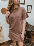 Rhinestone Studded Shirt Dress-Clay
