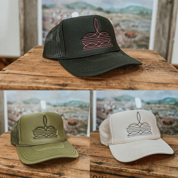 Boot Stitch Embroidery Trucker Hat-{Multiple Colors}