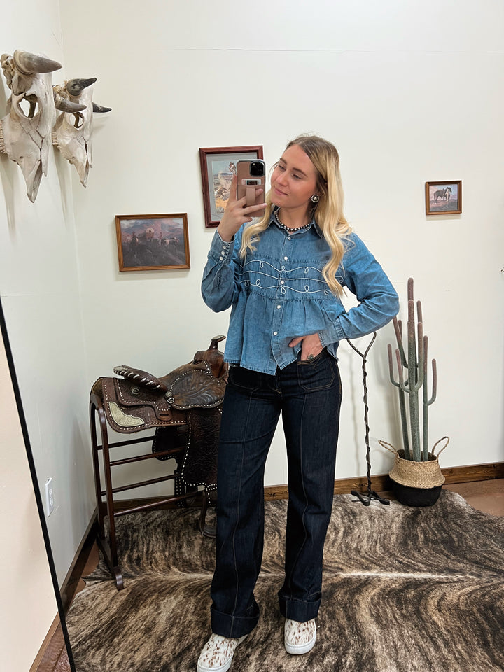 Loopty Lou Denim Long Sleeve Top
