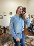 Embroidered Cowgirl Motif Button-Up-Denim