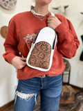 Tooled Leather Sling Bag- White