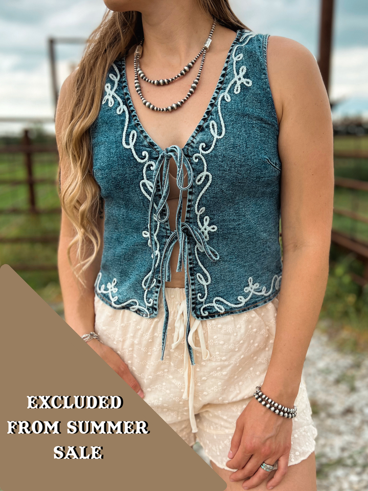 The West Embroidery Denim Vest