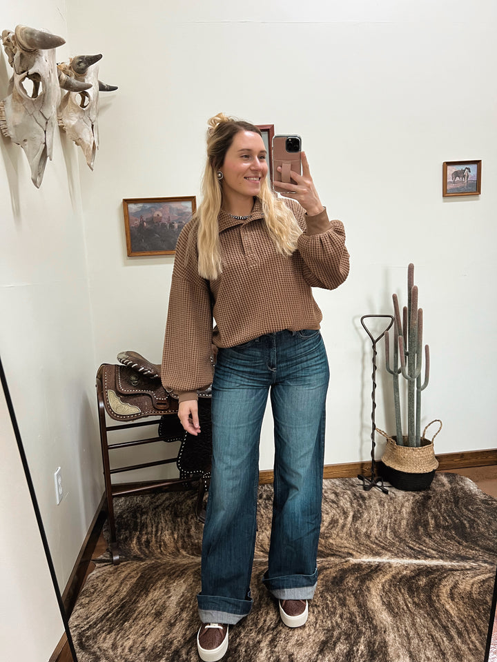 Oversized Half Button Waffle Knit-Brown