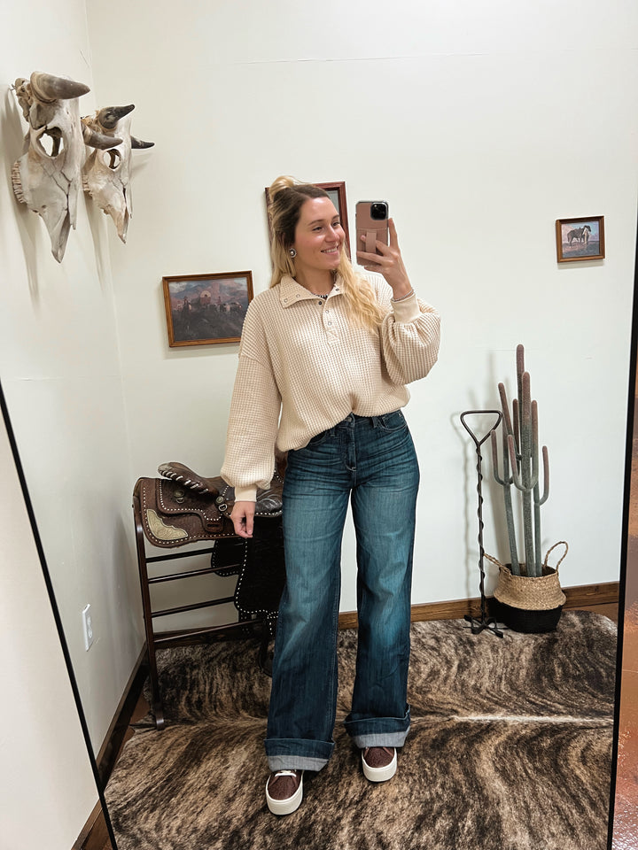 Oversized Half Button Waffle Knit-Cream
