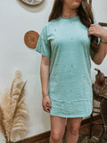 Rhinestone Studded Shirt Dress-Turquoise