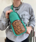Tooled Leather Sling Bag- Turquoise