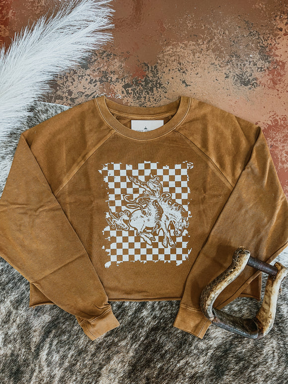 Checker Bronc Camel Crop Sweater