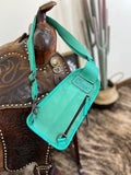 Tooled Leather Sling Bag- Turquoise