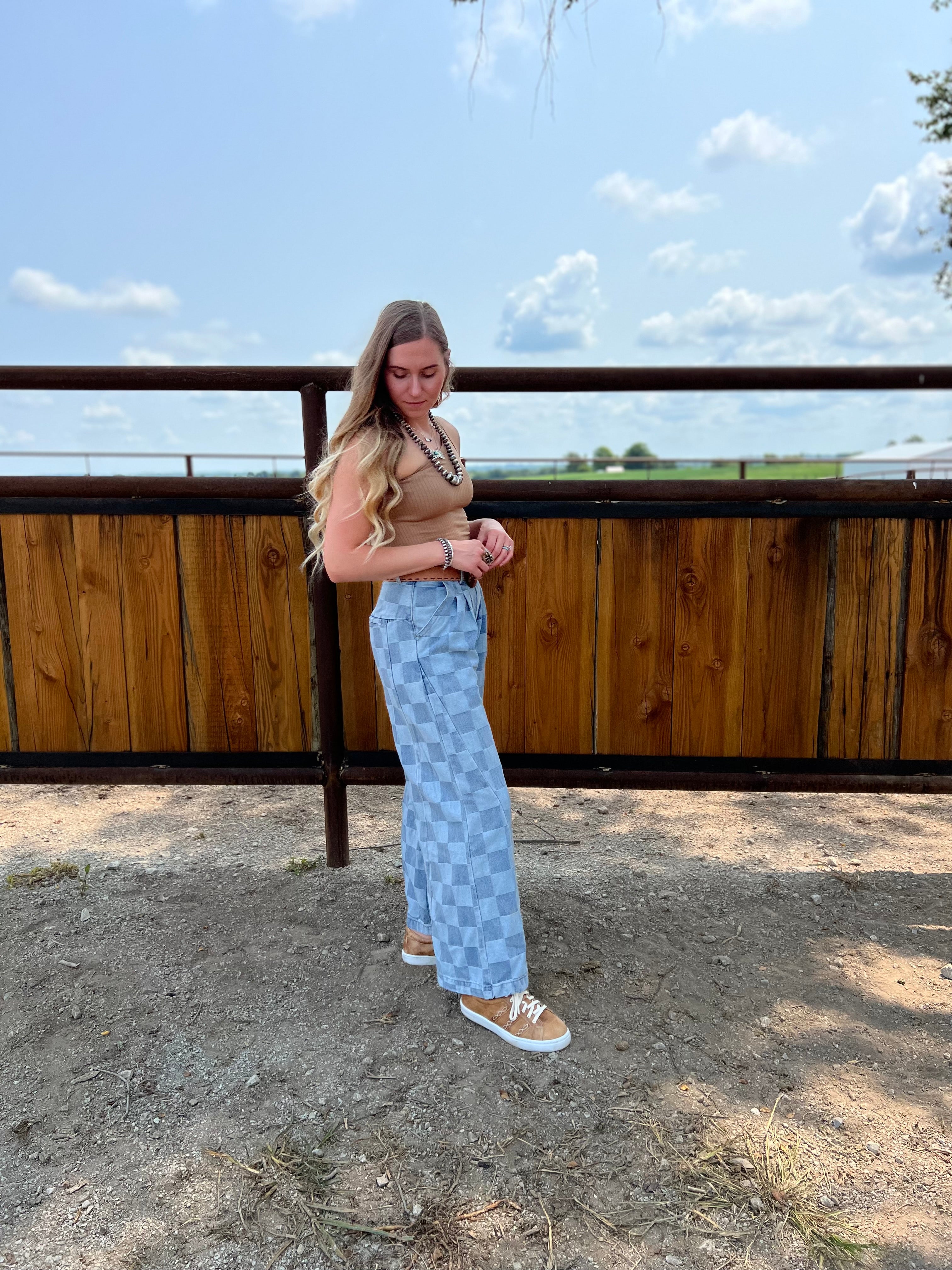 【2plan】Damage checker wide denim Two Tone Checker Wide Leg Pants – Lost Creek Boutique LLC
