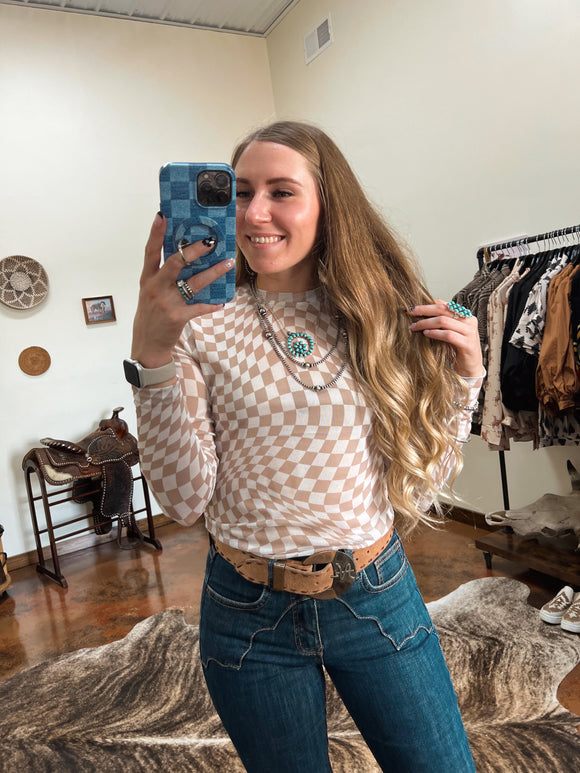 Taupe Checker Mesh Top