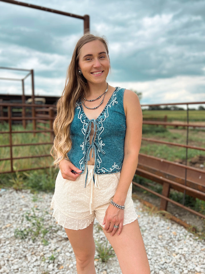 The West Embroidery Denim Vest