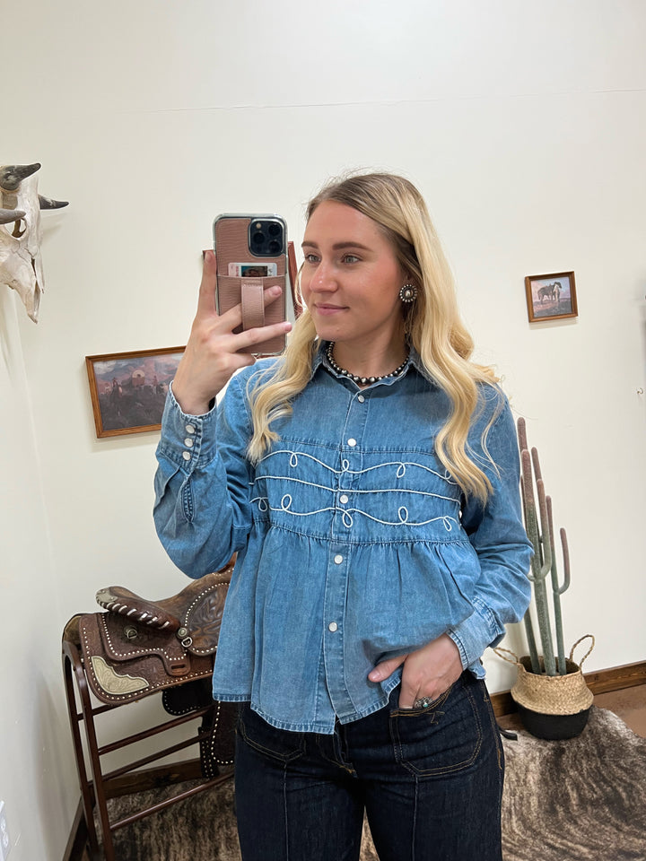 Loopty Lou Denim Long Sleeve Top