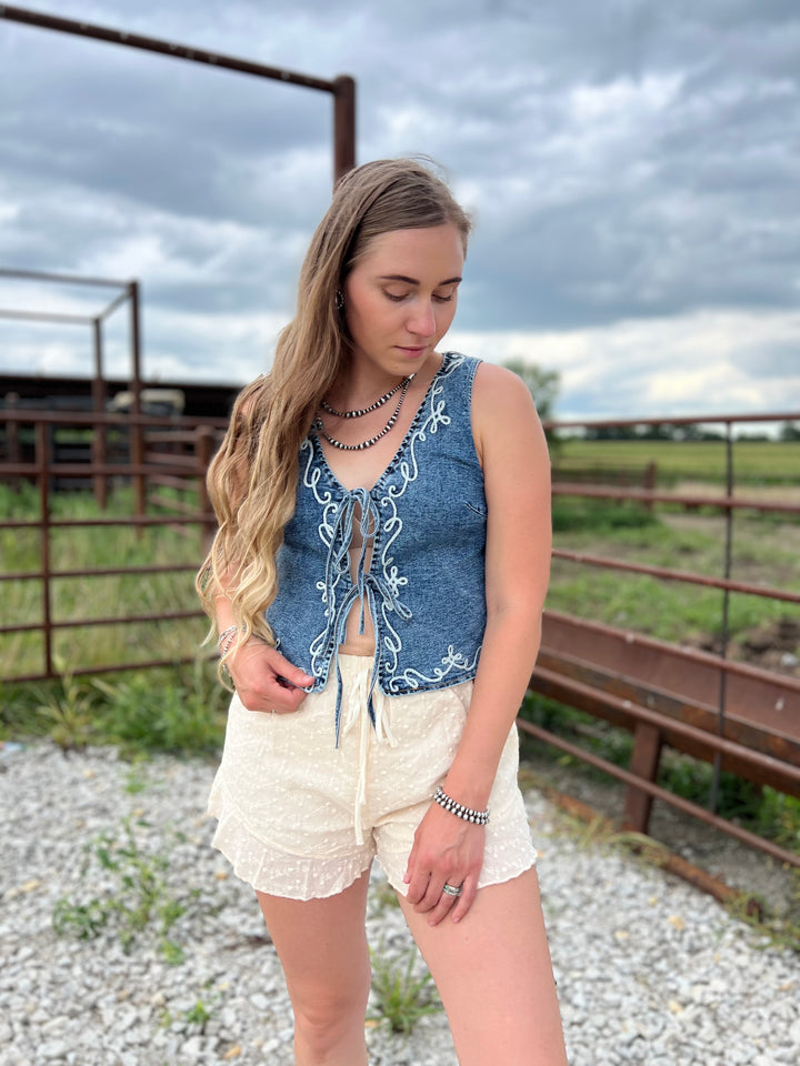 The West Embroidery Denim Vest