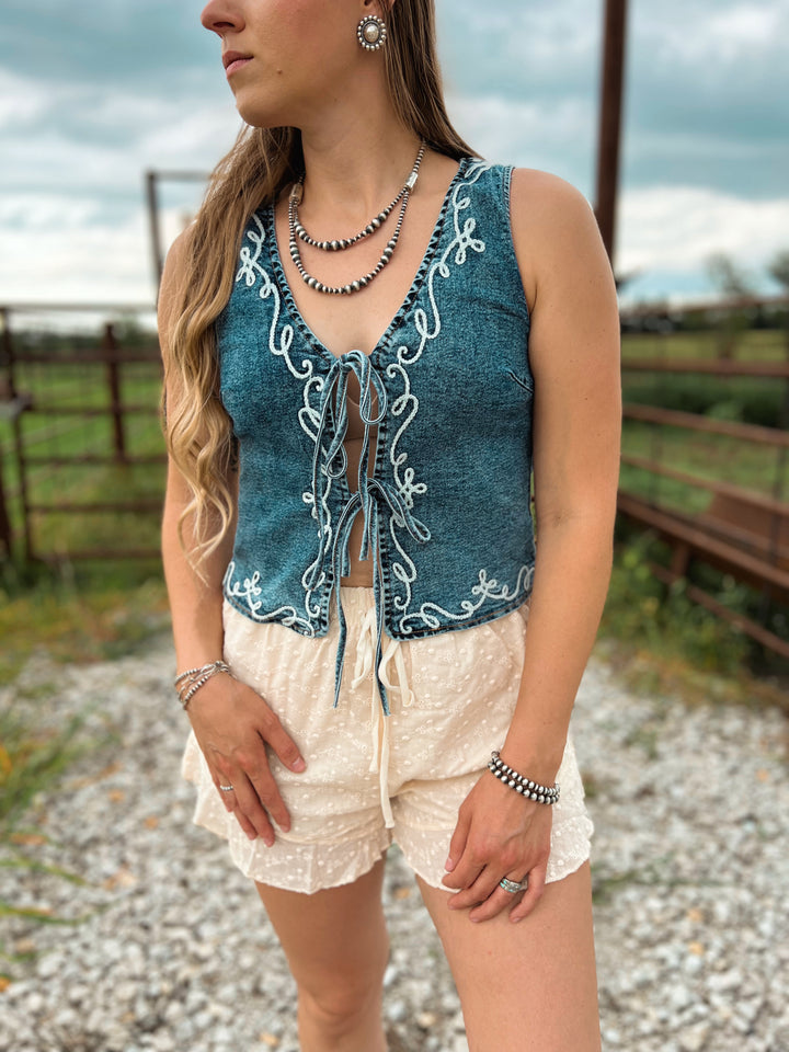The West Embroidery Denim Vest