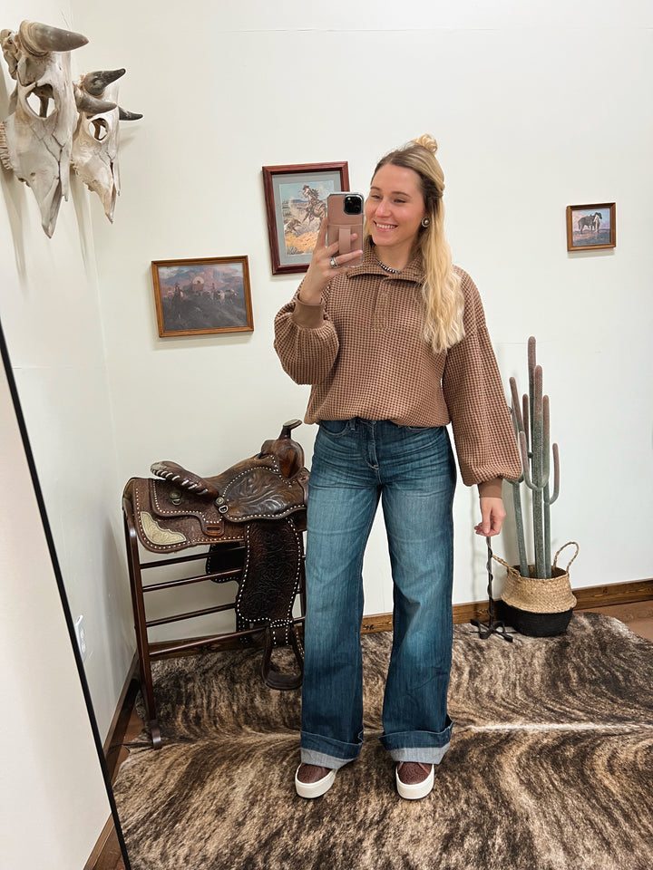 Oversized Half Button Waffle Knit-Brown