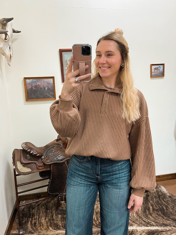Oversized Half Button Waffle Knit-Brown