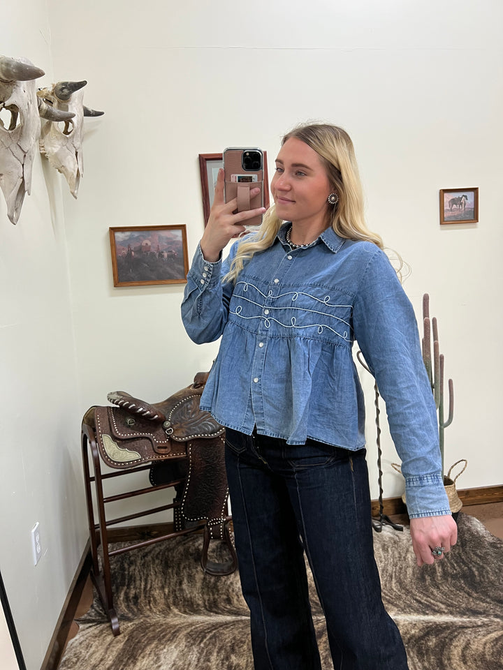 Loopty Lou Denim Long Sleeve Top