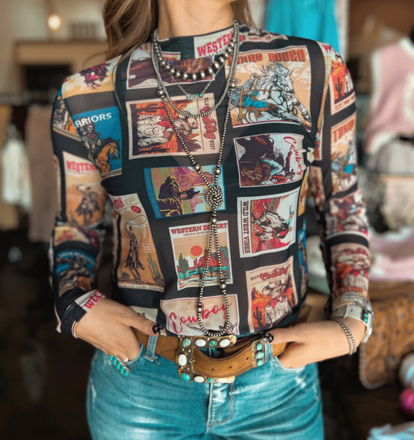 Cowboy Stamp Mesh Top