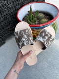 Chocolate Speckled Cowhide Sandals