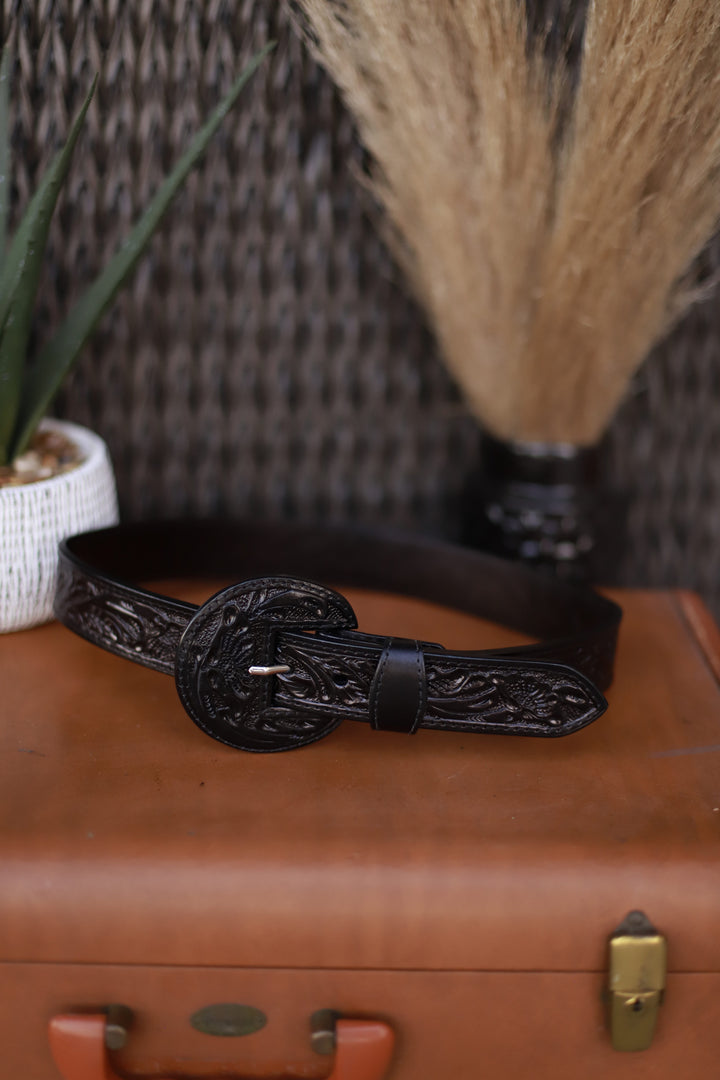 Vaquera Tooled Leather Belt- Black