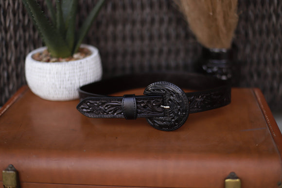 Vaquera Tooled Leather Belt- Black
