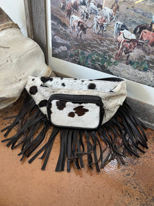 Brown & White Cowhide Fringe Belt Bag